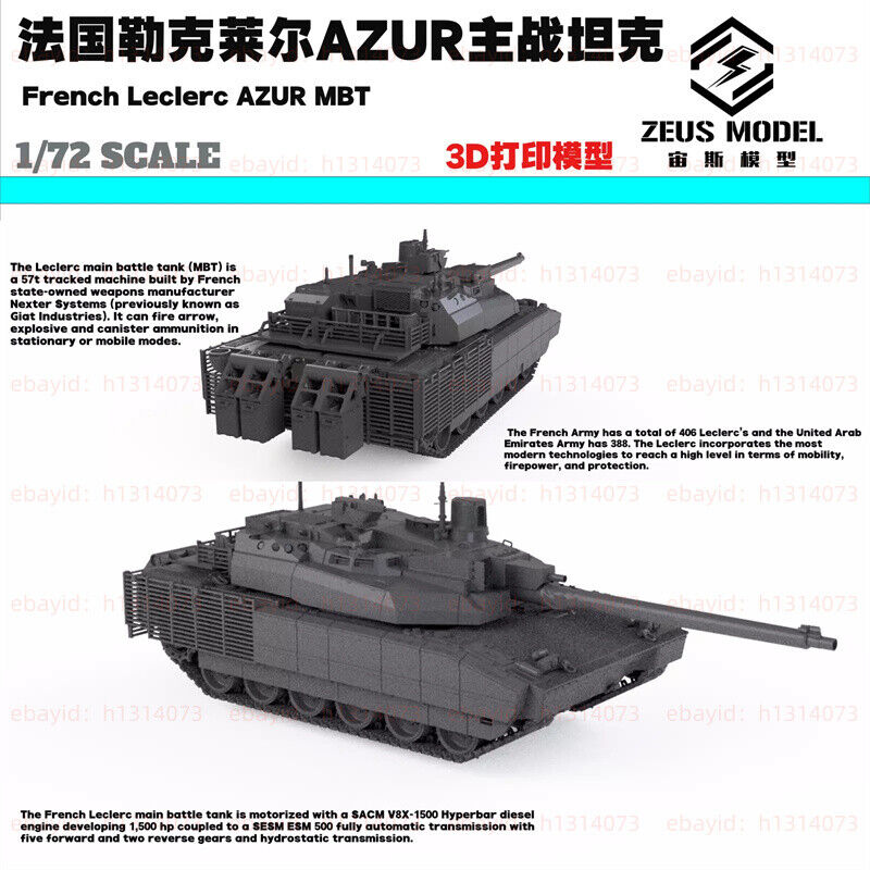 3d Printed 1/72/144 French Leclerc Azur Main Battle Tank